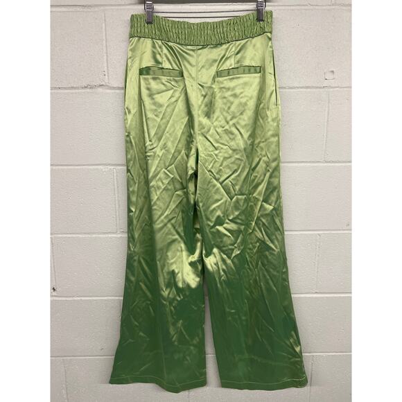 Aliette Sz 10 Green Lime Silk Satin silky Wide Leg Smocked Waist Pants Urban - Picture 4 of 5
